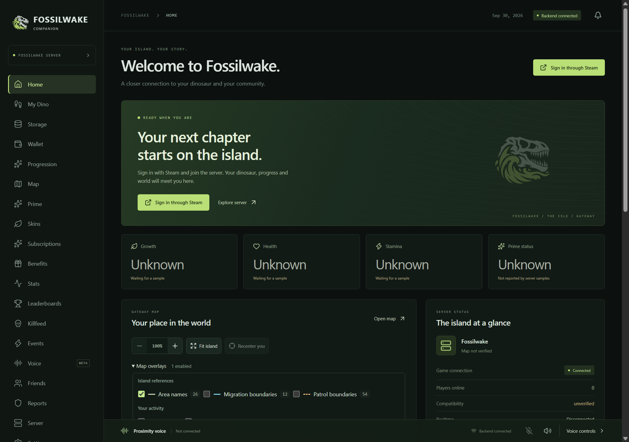 Fossilwake Companion’s Home screen, with dinosaur measurements, navigation and the Gateway map